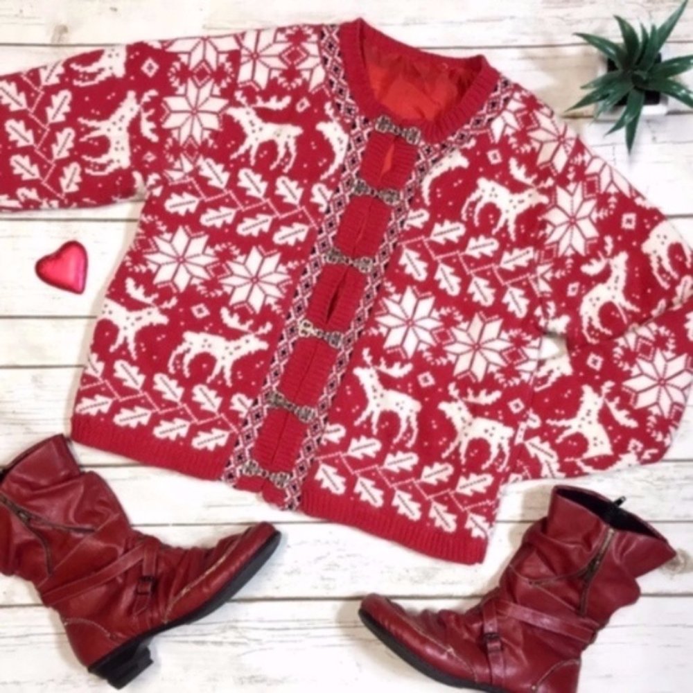 Red White Nordic Knit Sweater Cardigan Fair Isle
